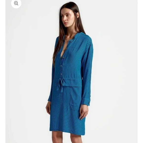 Equipment Lizza Striped Dress Drawstring Waist Long Sleeve Blue Black 4 - Picture 2 of 10